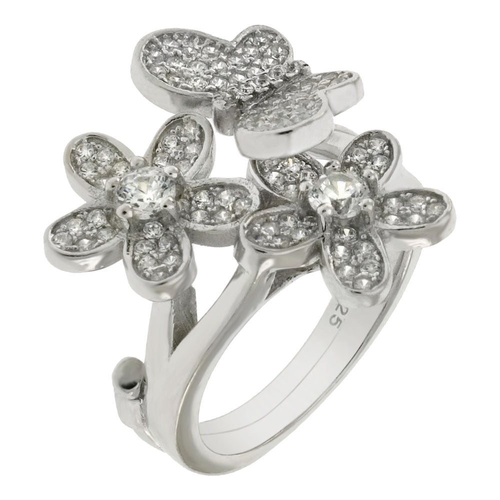 Sterling Silver CZ Flower Butterfly Two Fingers Ring