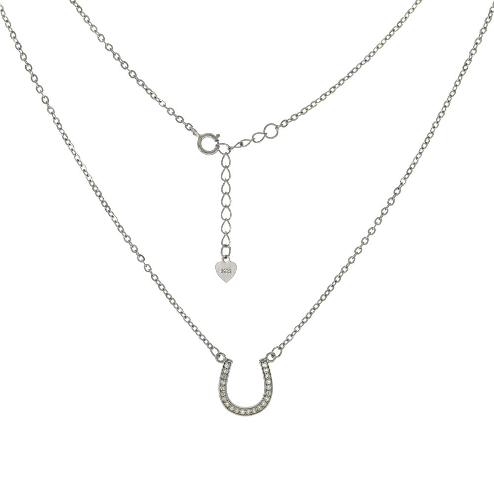 Pave CZ Horseshoe Rhodium Pendant Necklace