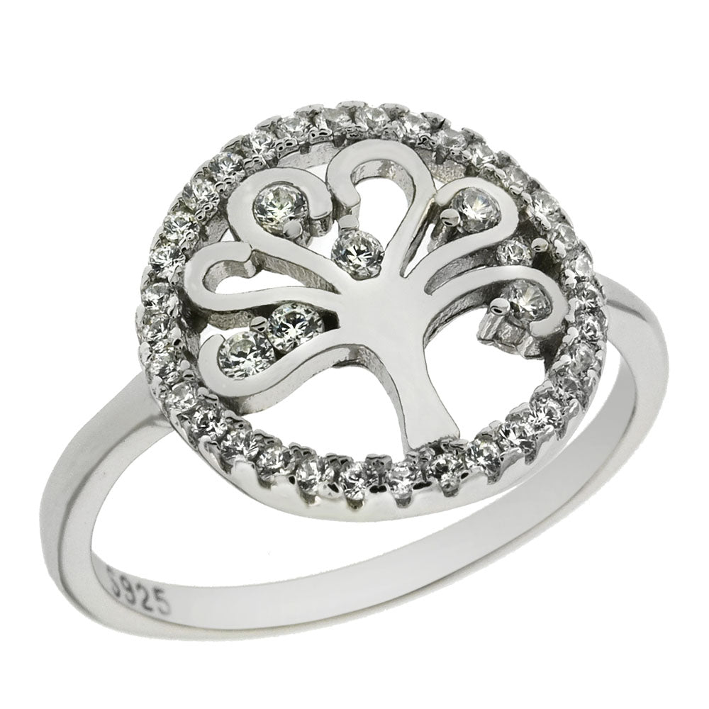 Sterling Silver Cubic Zirconia Tree of Life Rhodium Ring