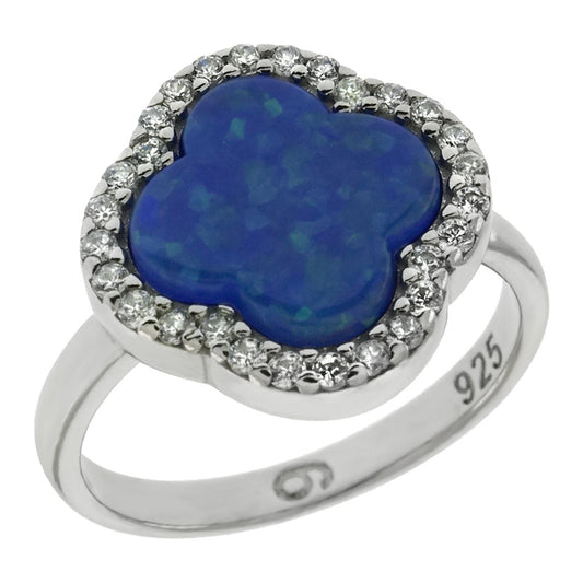 Simulated Blue Opal Four Leaf Clover With CZ Sterling Silver Rhodium Ring