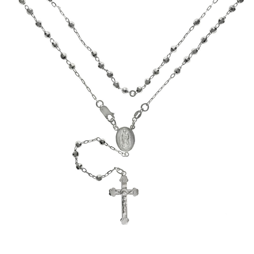 Sterling Silver 4mm Diamond Cut Bead W Lady of Guadalupe Rosary Necklace