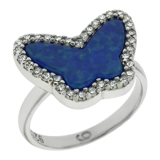 Simulated Blue Opal Butterfly W Cubic Zirconia Sterling Silver Ring