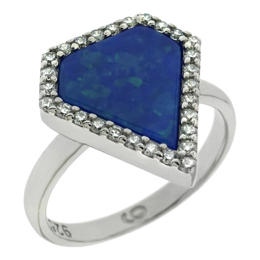 Simulated Diamond Shape Blue Opal W CZ Sterling Silver Ring