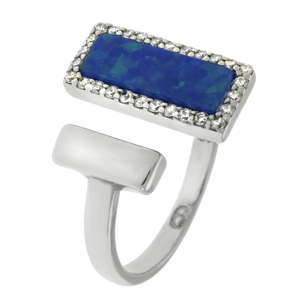 Simulated Blue Opal Rectangle W CZ Sterling Silver Adjustable Ring