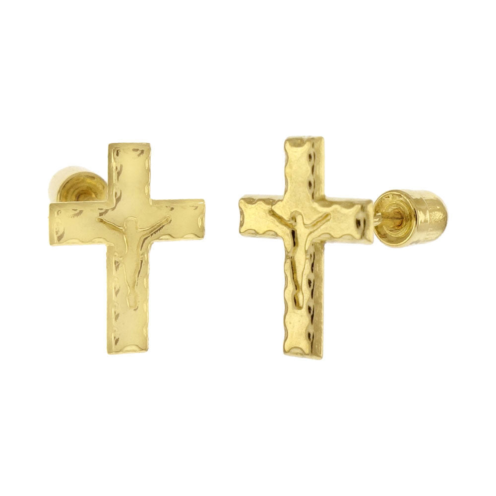 14K Gold Crucifix Cross Screw Back Stud Earrings