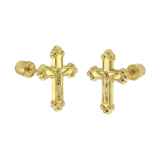 14K Yellow Gold Crucifix Cross Stud Earrings W Screw Back