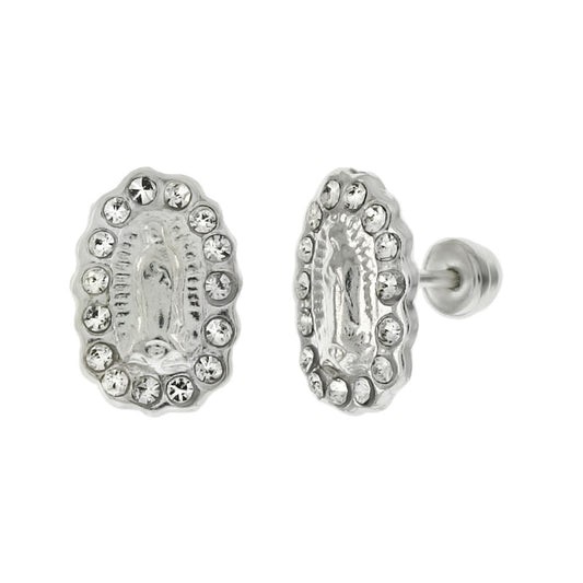 Lady of Guadalupe Stud Earrings Sterling Silver Screw Back W Rainbow Crystal