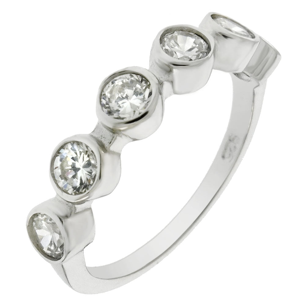 Round Cubic Zirconia Bezel Set Sterling Silver Band Ring