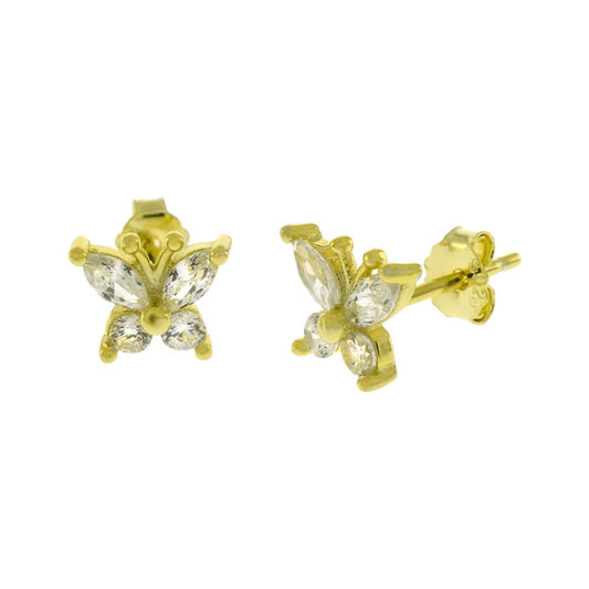 Round Marquise CZ Butterfly Sterling Silver Gold Plated Stud Earrings