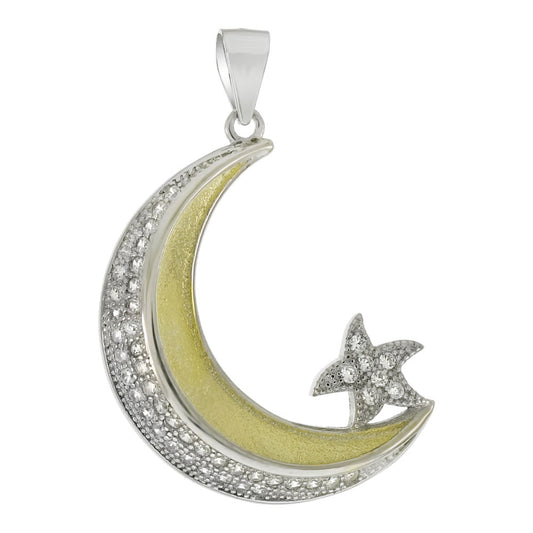 Micro Pave CZ Crescent Moon Star 2 Tone Pendant