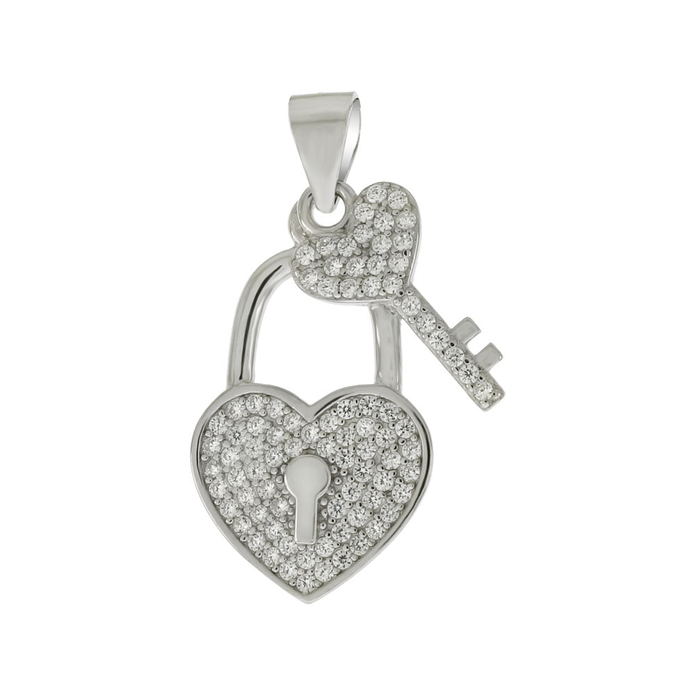 Pave Cubic Zirconia Key W Heart Lock Sterling Silver Pendant