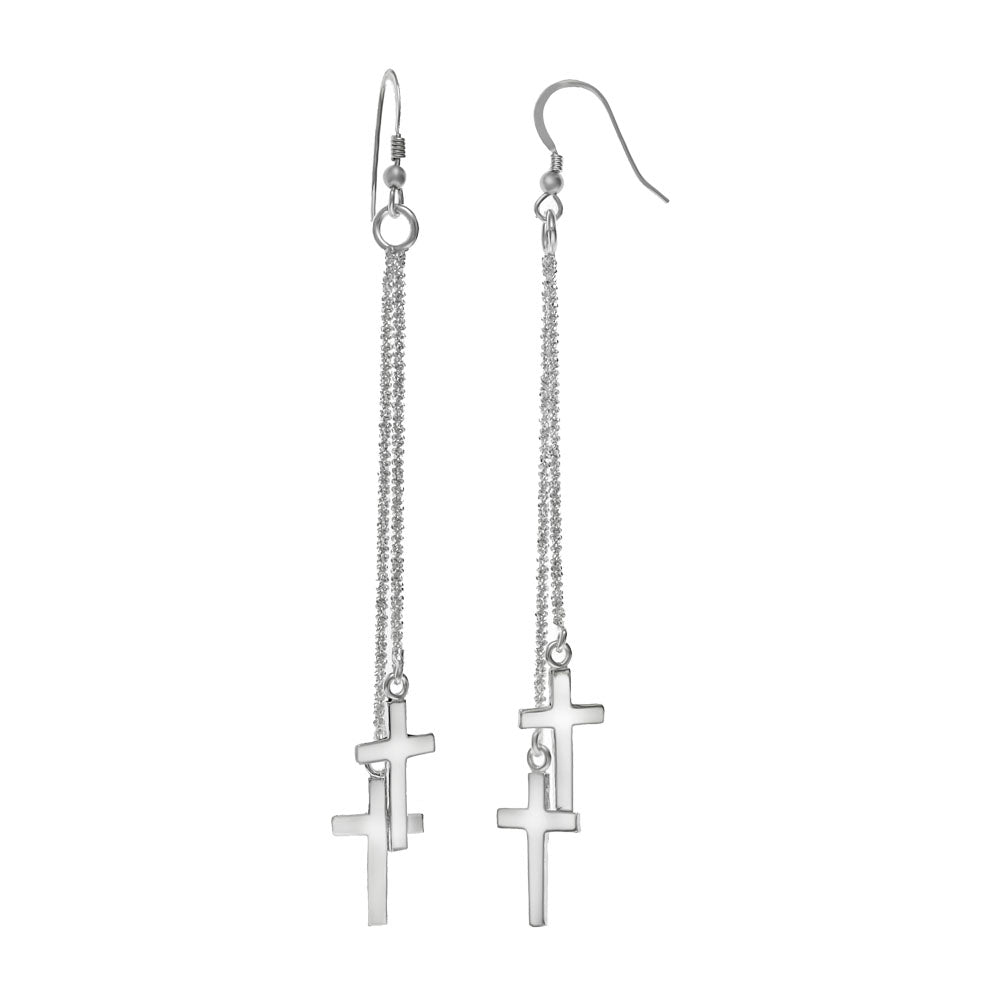 Sterling Silver Double Cross Dangle Earrings