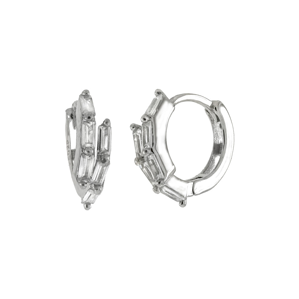 925 Sterling Silver Bagguette CZ Huggie Hoop Earrings