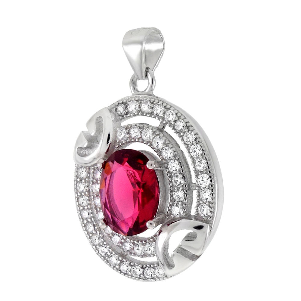 Sterling Silver Oval Red Cubic Zirconia Halo Pendant