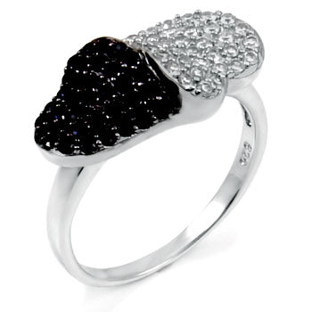 Silver Double Heart Shape Black Clear Round CZ Ring