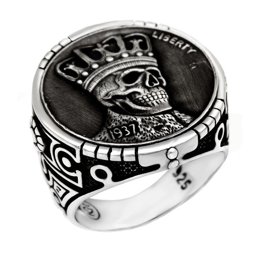 925 Sterling Silver Skull Coin Oxidized Ring