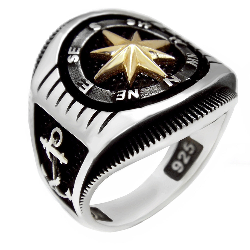 Sterling Silver Oxidized Marine Ring W Gold Brass Marine Compass