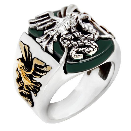 Sterling Silver Oxidized Eagle Snake W Green Agate Ring