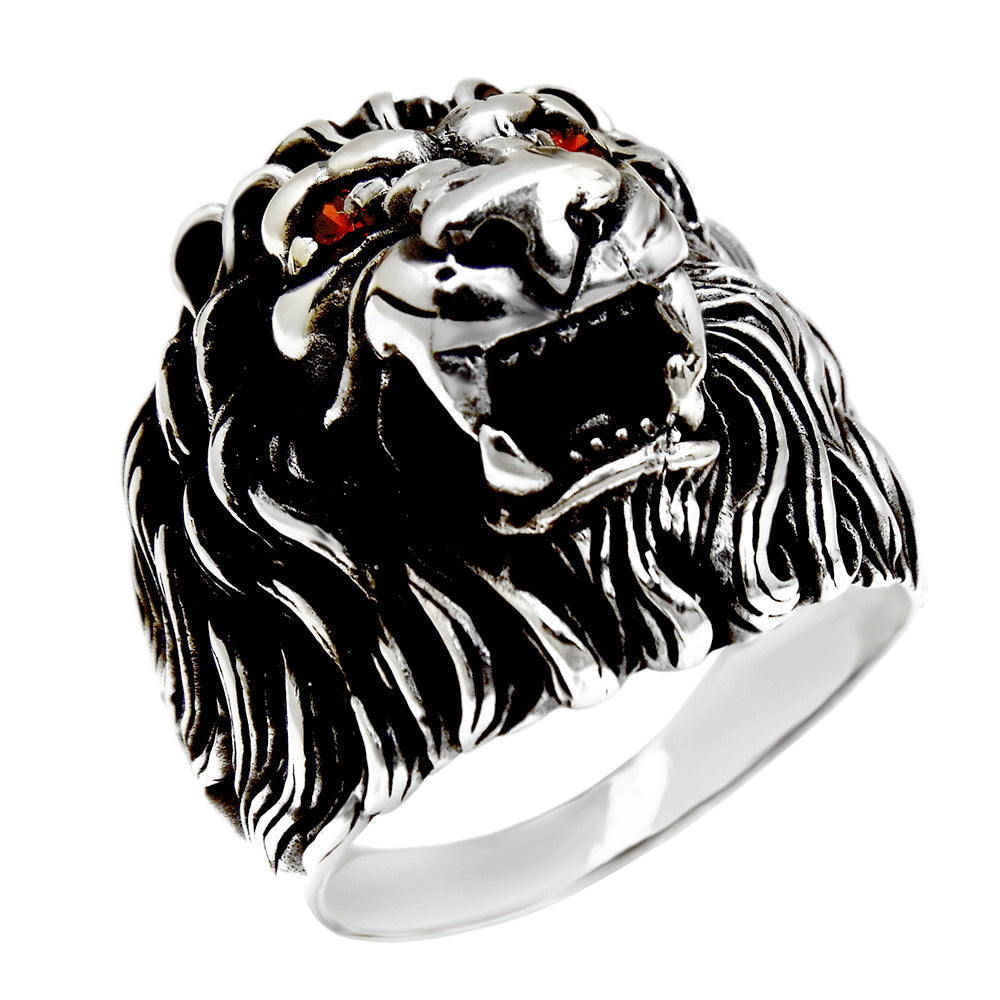 Sterling Silver Red Eyes Lion Ring Oxidized