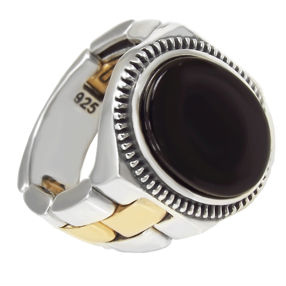 Sterling Silver Gold Brass Simulated Rolex Band W Black Onyx Ring