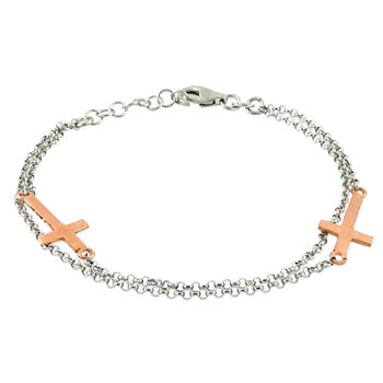 double layered sterling silver bracelet with cross charm beads