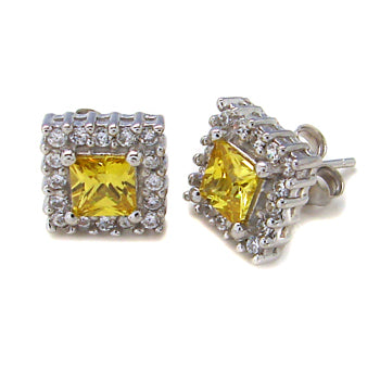 Yellow Clear Cubic Zirconia Square Stud Earrings