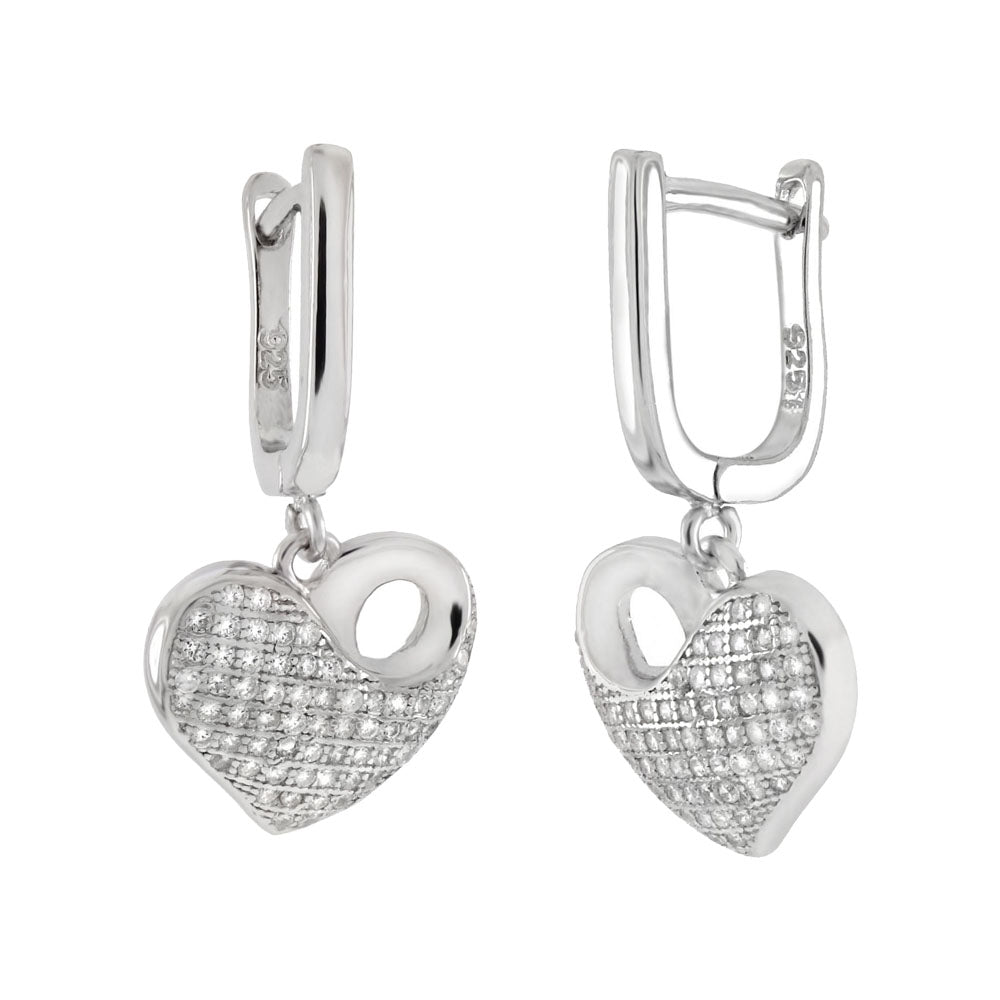 Sterling Silver Micro Pave CZ Dangle Heart W French Style Hoop Earrings