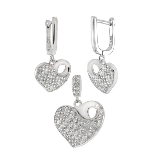 Sterling Silver Pave CZ Heart Earrings Pendant Set