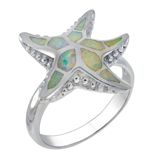 Sterling Silver Simulated White Opal Star Fish Ring