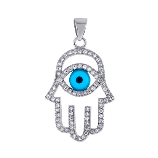 Sterling Silver Cubic Zirconia Hamsa Evil Eye Pendant