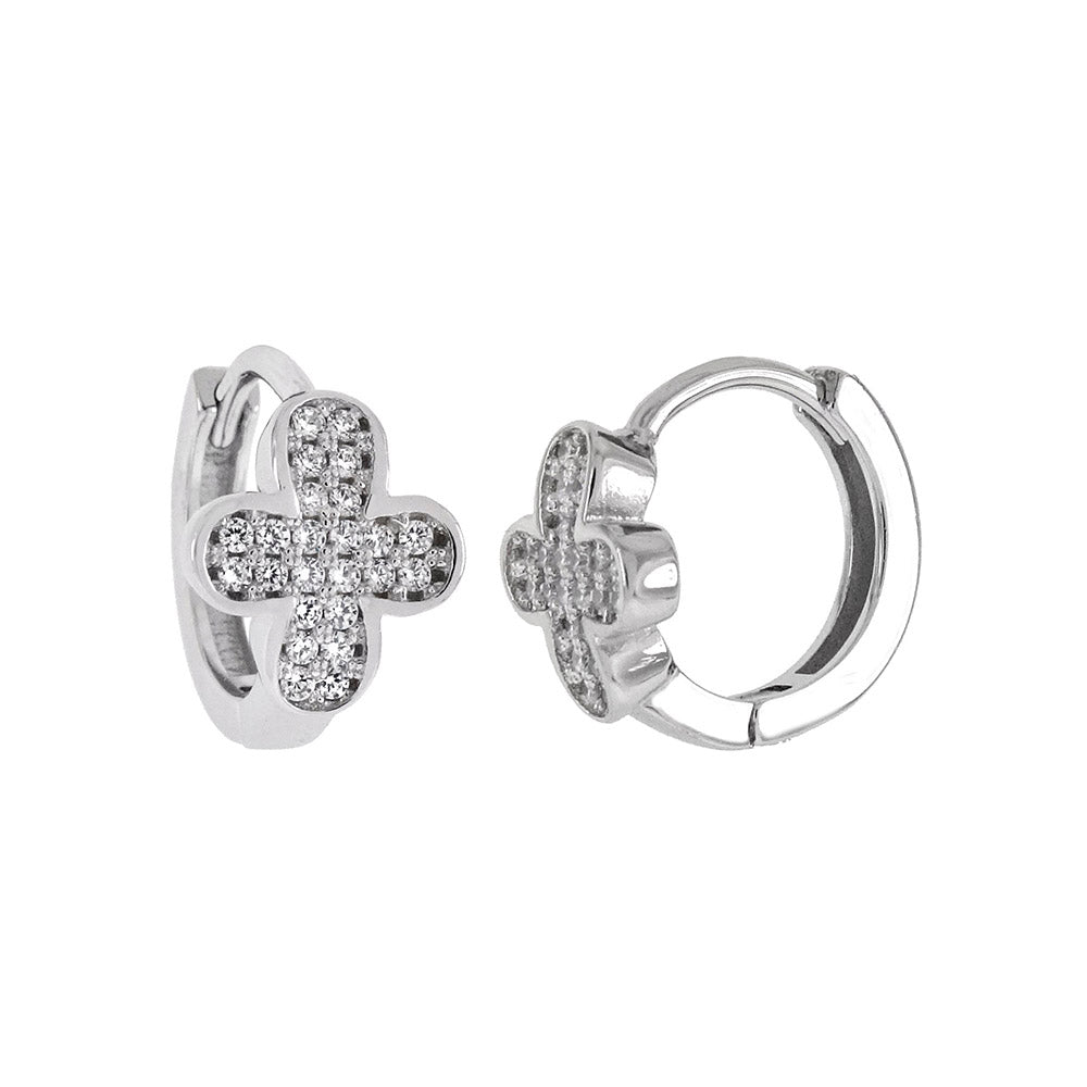 Pave CZ Cross Huggie Hoop Earrings