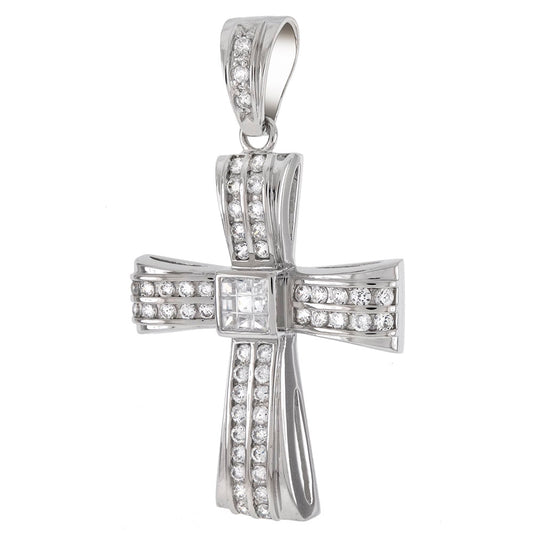 Center Invisible Square W Round CZ Sterling Silver HIP HOP Cross Pendant