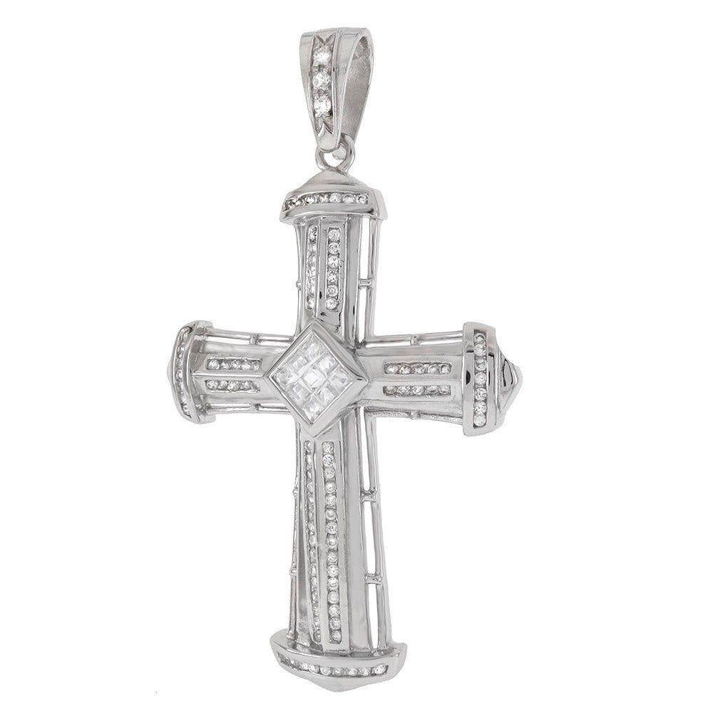 Center Invisible Square Round CZ Sterling Silver Cross Pendant