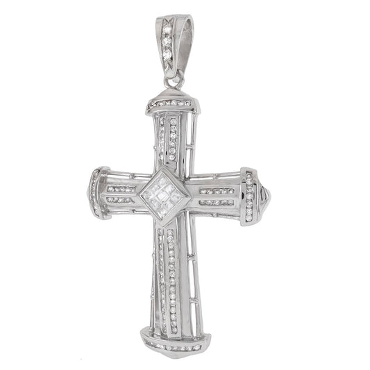 Center Invisible Square Round CZ Sterling Silver Cross Pendant
