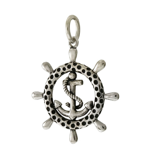 Sterling Silver Mariner Anchor Wheel Oxidized Pendant