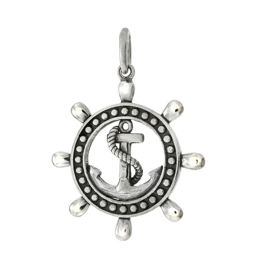 Sterling Silver Mariner Anchor Wheel Oxidized Pendant
