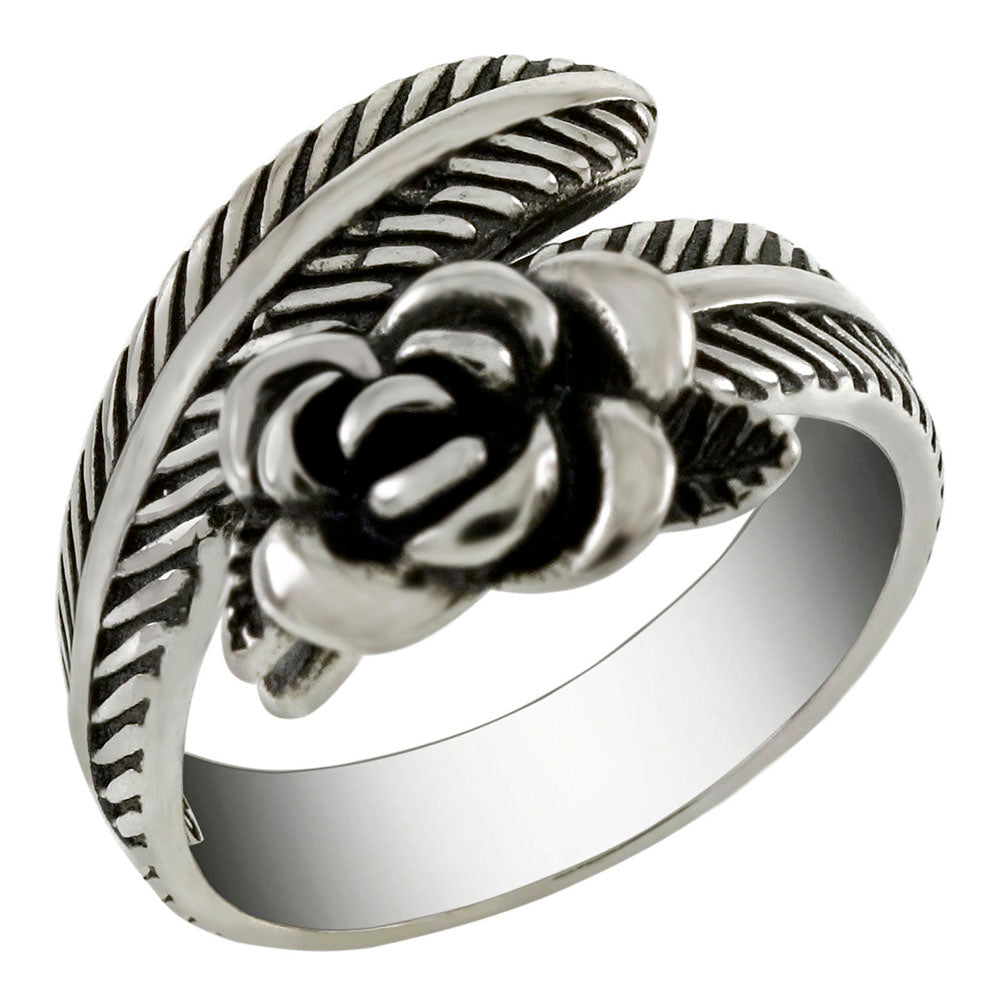 Sterling Silver ROSE On Feather Oxidized Adjustable Ring