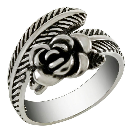 Sterling Silver ROSE On Feather Oxidized Adjustable Ring