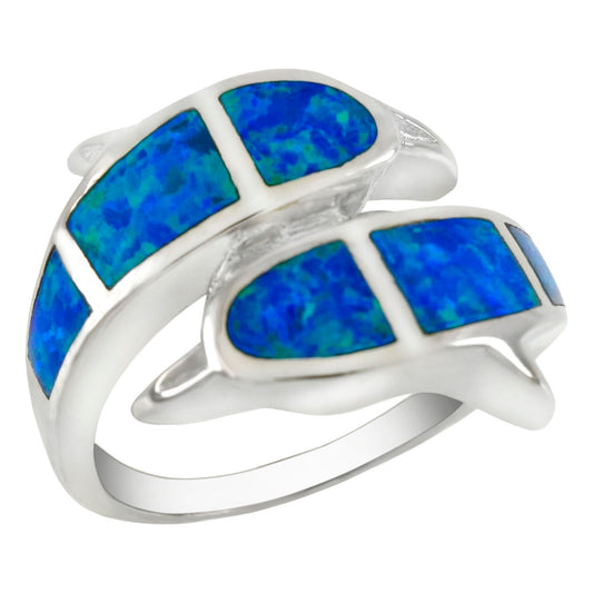 Sterling Silver Simulated Blue Opal Contrary Dolphin Ring