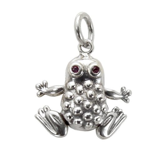 925 Sterling Silver Oxidized Moveable Frog W Red Eyes Pendant