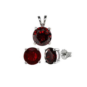 Sterling Silver Round Garnet CZ Earrings Pendant Set