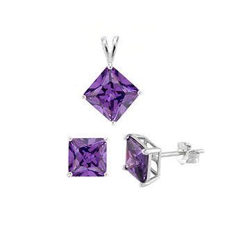 Princess Cut Amethyst Earrings & Pendant Set