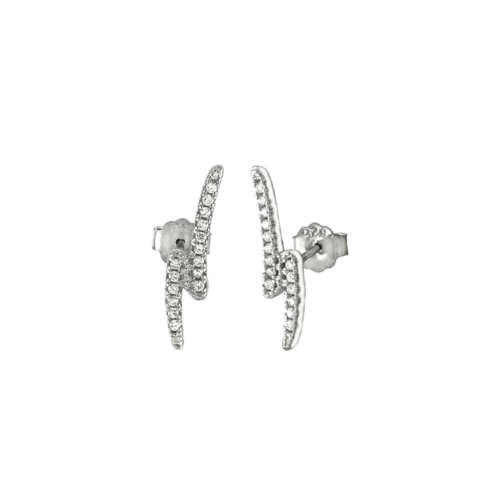 Sterling Silver Pave CZ Lightning Bolt Rhodium Stud Earrings