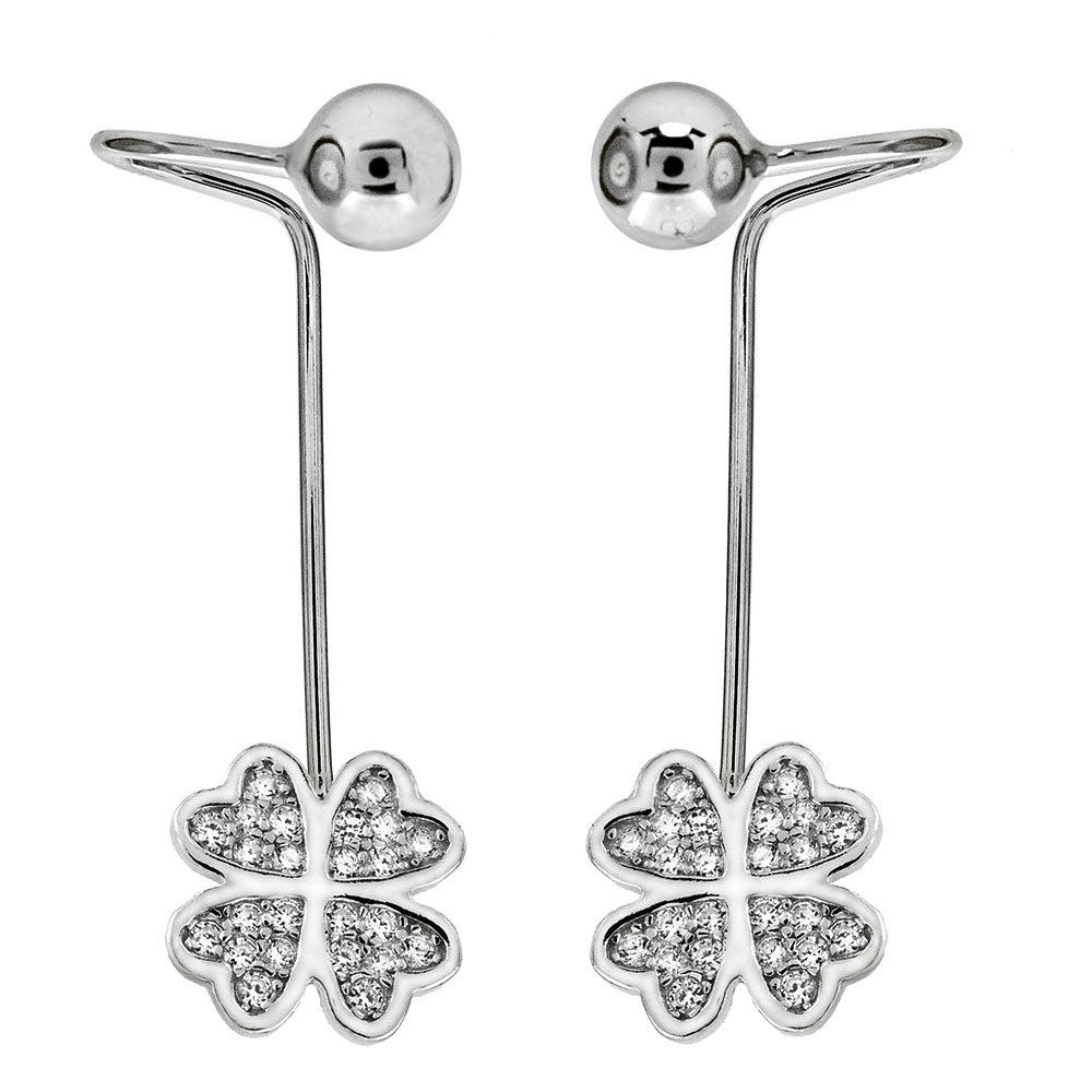 Sterling Silver CZ Four Leaf Clover Ear Jacket 2 in 1 Earrings