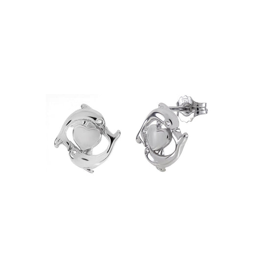 Sterling Silver Double Dolphin W Heart Rhodium Stud Earrings