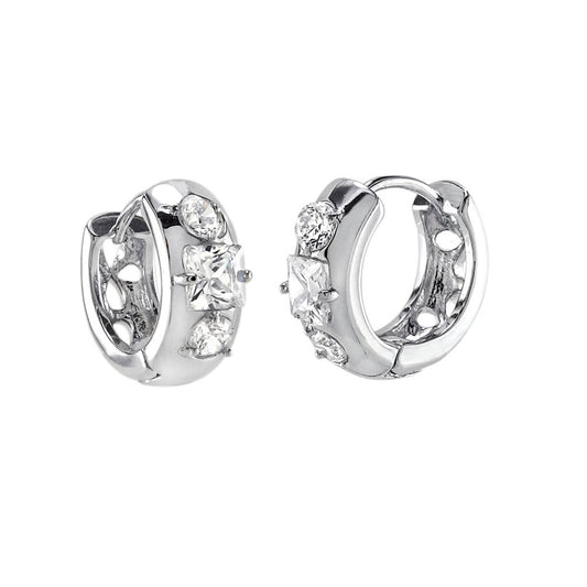 Sterling Silver Princess Round CZ Huggie Hoop Earrings