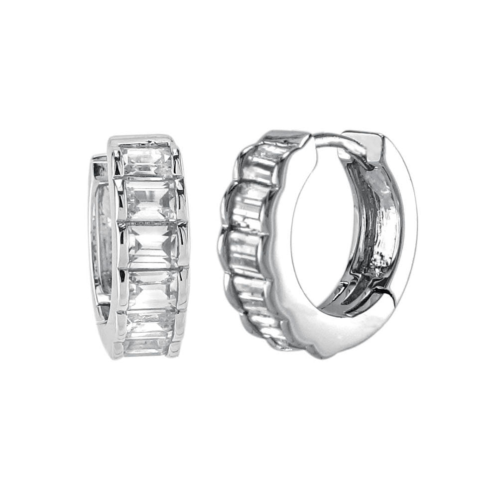 Baguette CZ Huggie Hoop Earrings Sterling Silver Rhodium