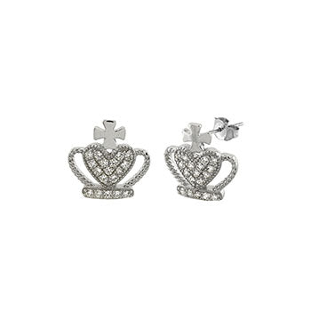 Sterling Silver Crown Pave CZ Stud Earrings