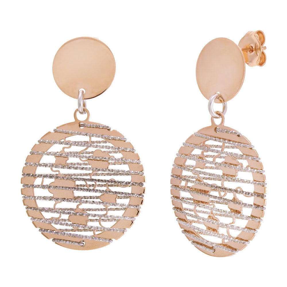 Italian Sterling Silver Fancy Circle Disc Rose Gold Plated & Rhodium Dangle Earrings