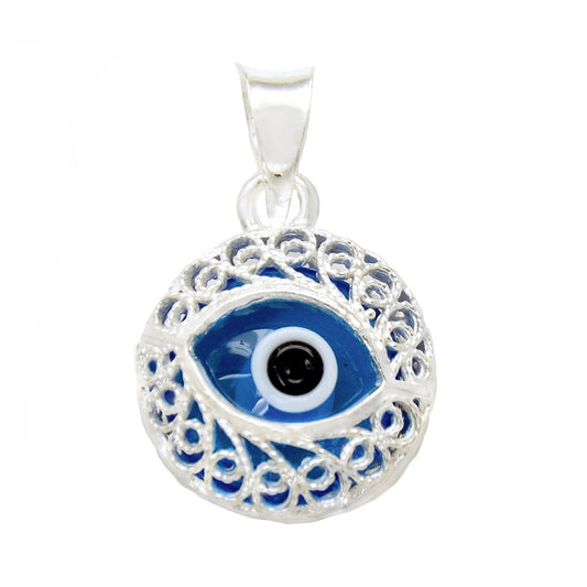 Sterling Silver Round Filigree Evil Eye Pendant